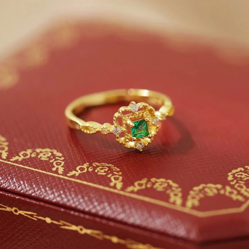 NEW Handmade Lace 14k Gold Filled Diamond Emerald Milgraine Adjustable Ring - Picture 8 of 16